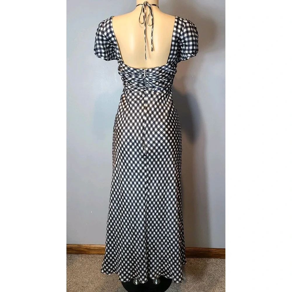 J crew collection tie neck maxi dress cap sleeve gingham black sz 12 Cottage NEW